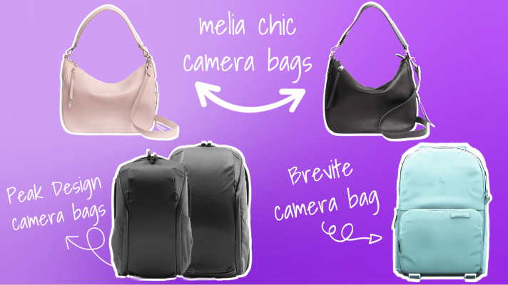 Decorative collage of melia chic camera purses and camera bags from Brevite and Peak Design, explained in the blog post under the "Personal Bag for Belongings" sub-heading